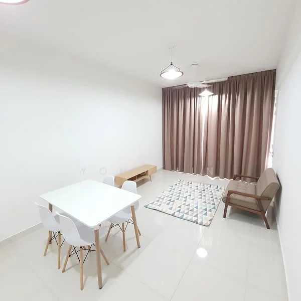 Living features: white painted walls, glossy tile flooring, ceiling fan, 2-seater sofa, wooden coffee table, 4-seater dining table with white chairs, area rug with geometric pattern, floor-to-ceiling windows with brown curtains; style: modern.
