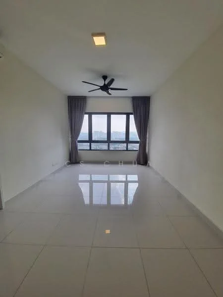 Room features: white painted walls, glossy ceramic tile flooring, 5-blade ceiling fan with light, floor-to-ceiling windows, sheer curtains, city view; style: modern; view: city.