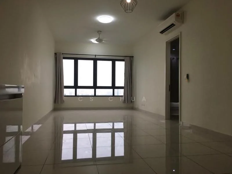 Living features: white painted walls, glossy ceramic tile flooring, 5-blade ceiling fan with light, floor-to-ceiling windows, sheer curtains, air conditioning unit, recessed ceiling lights; style: modern; view: city.
