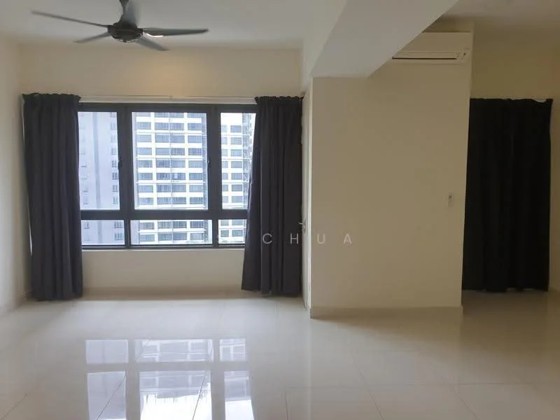 Room features: white painted walls, glossy ceramic tile flooring, floor-to-ceiling windows, blackout curtains, ceiling fan, wall-mounted split AC; style: modern; view: city.