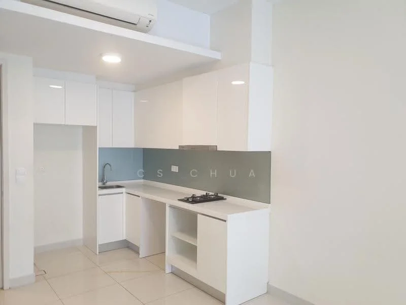 Kitchen features: white cabinetry, single-bowl stainless-steel sink, chrome pull-down faucet, glass backsplash, built-in stove with 4 burners, white countertop, tile flooring, wall-mounted split AC, recessed downlights; style: modern.