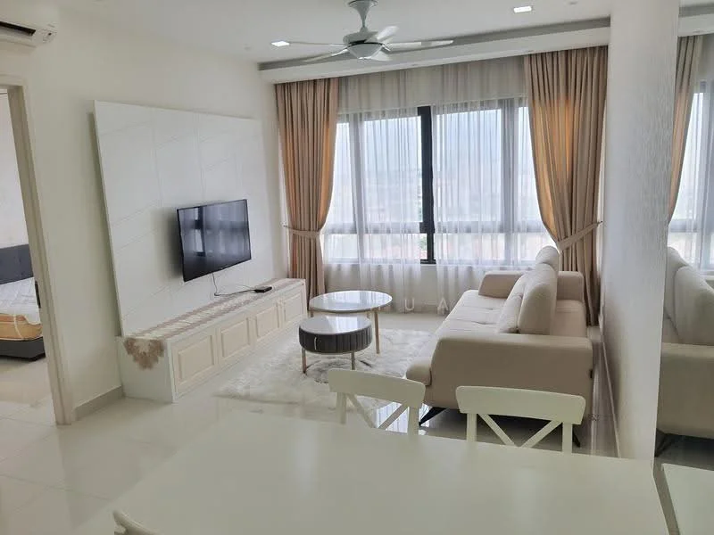 Living features: 3-seater fabric sofa in beige, coffee table with round top, TV console with storage, wall-mounted TV, area rug with fluffy texture, floor-to-ceiling windows, sheer curtains, ceiling fan with light, recessed downlights, decorative wall panel, light-colored walls, tile flooring; style: modern; view: city.