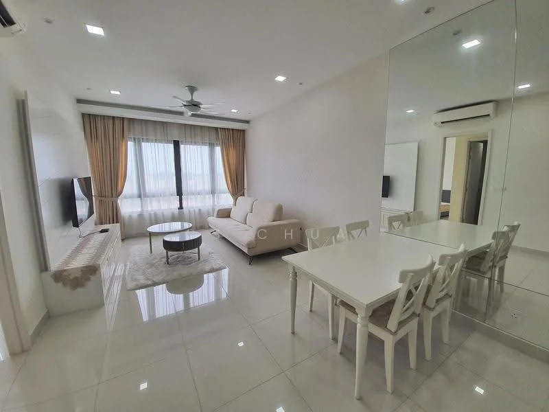 Living features: 3-seater fabric sofa in beige, coffee table, wall-mounted TV, TV console, area rug, floor-to-ceiling windows, curtains, ceiling fan, recessed downlights, white painted walls, polished tile flooring, mirror wall, dining table with 4 chairs; style: modern.