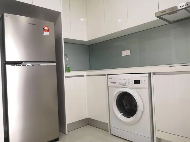Kitchen features: stainless-steel fridge, front-load washing machine, white cabinetry, white countertop, grey glass backsplash, built-in oven, single-bowl stainless-steel sink, chrome pull-down faucet, recessed downlights, ceramic tile flooring; style: modern.