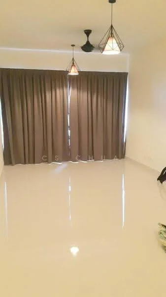 Room features: cream painted walls, glossy tile flooring, 2 pendant lamps, 1 ceiling fan, floor-to-ceiling windows with sheer curtains, brown curtains; style: modern.