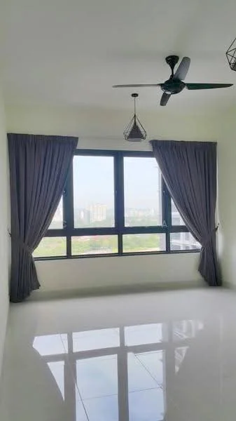 Bedroom features: floor-to-ceiling windows, grey curtains, white painted walls, polished ceramic tile flooring, 5-blade ceiling fan with light, hanging pendant light, city view; style: modern; view: city.
