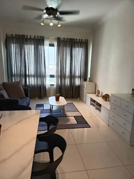 Living features: 3-seater fabric sofa in navy blue, coffee table, TV console, wall-mounted TV, area rug with geometric pattern, floor-to-ceiling windows, sheer curtains, 5-blade ceiling fan with light, white painted walls, glossy tile flooring, built-in shelving unit, decorative items on shelves; style: modern; view: city.