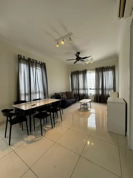 Living features: white painted walls, glossy tile flooring, 5-blade ceiling fan with light, sofa in dark grey, dining table with 6 black chairs, large windows with sheer and blackout curtains, coffee table in white, sideboard in white, recessed lighting; style: modern; view: city.