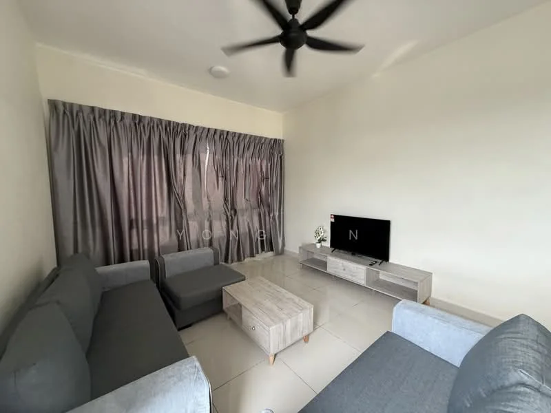 Living features: 3-seater fabric sofa in grey, 2-seater fabric sofa in grey, coffee table in light wood, TV console in light wood, wall-mounted TV, ceiling fan, floor-to-ceiling windows with sheer curtains, light-colored tiled flooring, neutral painted walls; style: modern.