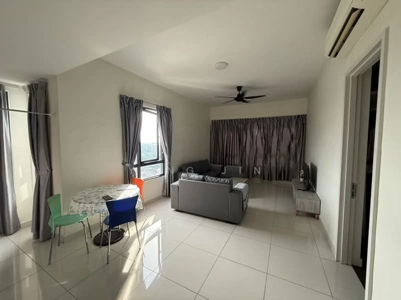 Living features: grey fabric sofa, 3-seater sofa, coffee table, wall-mounted TV, TV console, floor-to-ceiling windows, curtains, ceiling fan, white painted walls, polished ceramic tile flooring, area rug, dining table with floral tablecloth, 2 dining chairs in blue and green; style: modern; view: city.