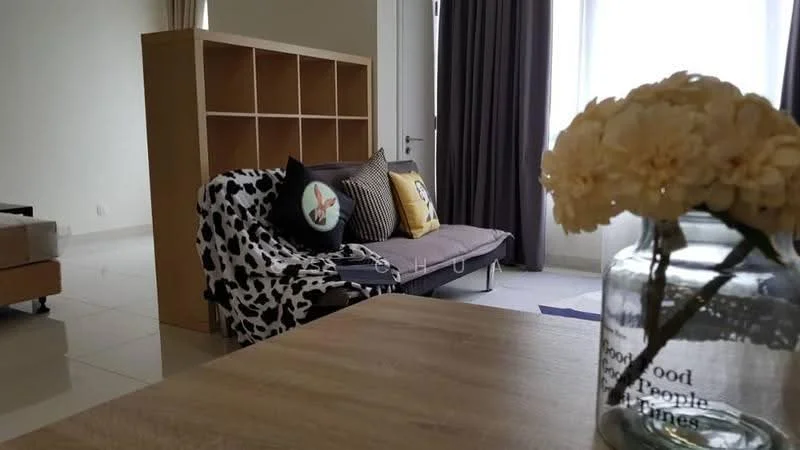 Living features: sofa bed with patterned upholstery, decorative throw pillows, wooden shelving unit, floor-to-ceiling windows, curtains, ceramic tile flooring, glass vase with flowers, wooden coffee table; style: modern.