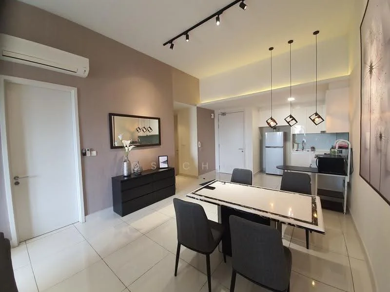 Dining features: dining table with white top, 4 upholstered dining chairs in grey, pendant lighting above table, wall-mounted air conditioning unit, cream painted walls, glossy tile flooring, black sideboard cabinet, framed artwork on wall, open kitchen area visible in background, refrigerator visible in kitchen area, kitchen cabinetry visible, recessed ceiling lights; style: modern.