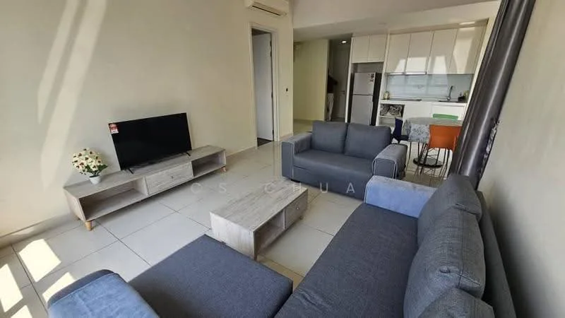 Living features: grey fabric 3-seater sofa, grey fabric 2-seater sofa, wooden coffee table, wall-mounted TV, tile flooring, white painted walls, large windows allowing natural light, air conditioning unit, decorative vase with flowers, open layout to kitchen and dining area; style: modern. Kitchen features: white cabinetry, stainless-steel fridge, kitchen island with seating, ceramic tile backsplash, countertop with bar stools; style: modern.