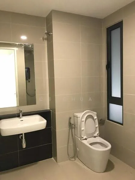 Bathroom features: wall-mounted sink with chrome faucet, large mirror above sink, one-piece toilet, bidet spray, grey tiled walls, light beige tiled flooring, window with black frame, recessed lighting; style: modern.