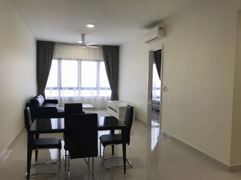Living features: 3-seater fabric sofa in dark grey, ceiling fan, floor-to-ceiling windows, sheer curtains, white painted walls, polished ceramic tile flooring, LED wall sconce, air conditioning unit, dining table with 4 black upholstered chairs; style: modern; view: city.
