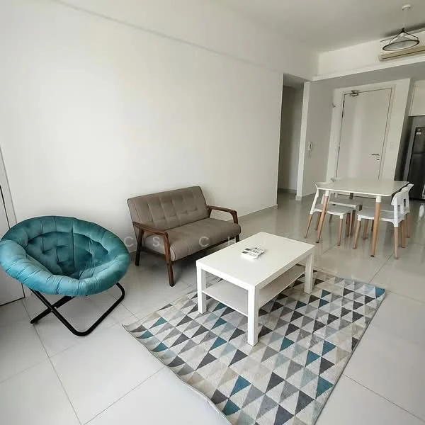 Living features: grey fabric sofa, blue fabric chair, white coffee table, geometric area rug, dining table with white surface and wooden legs, 4 dining chairs, white walls, tile flooring, recessed downlights, floor-to-ceiling windows; style: modern.