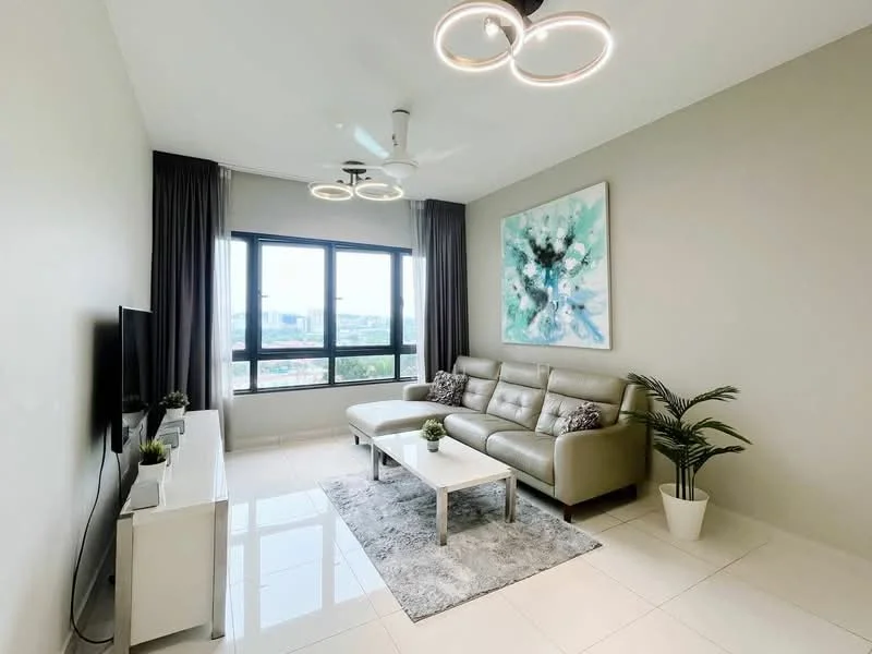 Living features: 3-seater leather sofa in light grey, coffee table, area rug with geometric pattern, wall-mounted TV, TV console, floor-to-ceiling windows, sheer curtains, 5-blade ceiling fan with integrated LED light, decorative wall art, potted plant, white painted walls, glossy tile flooring; style: modern; view: city.