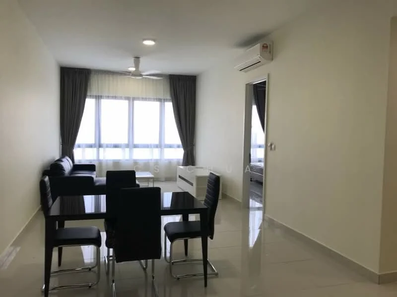 Living features: 3-seater fabric sofa in black, ceiling fan, floor-to-ceiling windows, grey curtains, white painted walls, glossy tile flooring, dining table with 4 black chairs, air conditioning unit; style: modern; view: city.