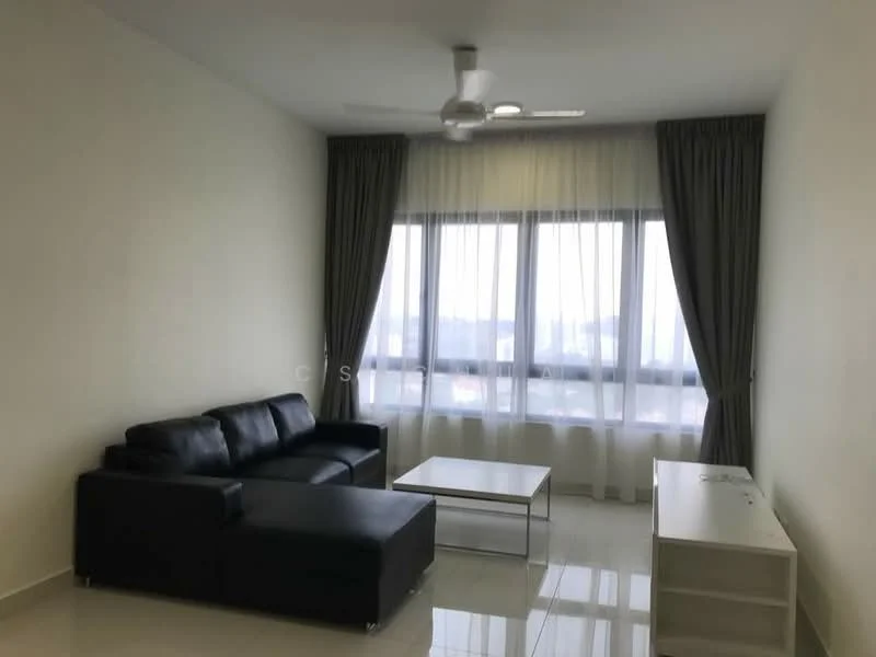 Living features: 3-seater leather sofa in black, coffee table with metal legs, white TV console, floor-to-ceiling windows, sheer curtains, grey curtains, ceiling fan with light, glossy tile flooring, neutral painted walls; style: modern; view: city.