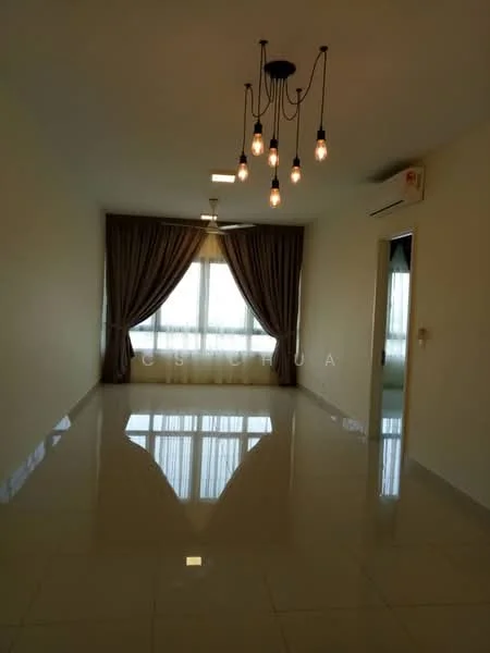 Living features: white painted walls, glossy ceramic tile flooring, 5-blade ceiling fan with light, hanging pendant lights, floor-to-ceiling windows, sheer curtains, curtains in brown, mirror on wall; style: modern.