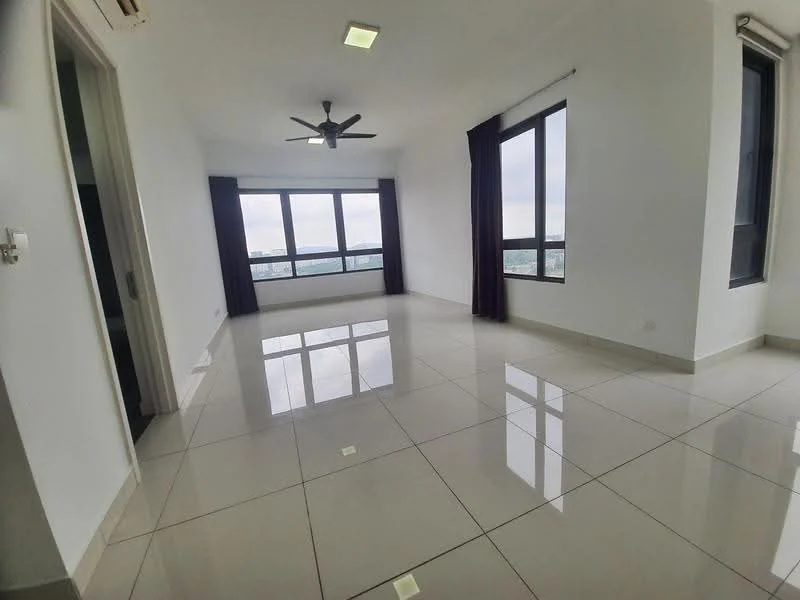 Living features: white painted walls, glossy ceramic tile flooring, 5-blade ceiling fan with light, floor-to-ceiling windows, blackout curtains, city view, recessed downlights; style: modern; view: city.