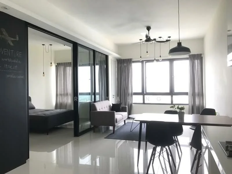 Living features: grey fabric sofa, black dining table, 4 black dining chairs, floor-to-ceiling windows, sheer curtains, recessed downlights, pendant light, white painted walls, polished tile flooring, area rug, decorative plant on table; style: modern; view: city. Room features: grey upholstered bed, black accent wall, glass partition.