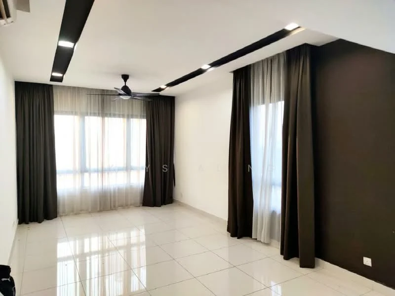 Living features: white painted walls, dark brown accent wall, glossy white tile flooring, 5-blade ceiling fan with light, floor-to-ceiling windows, sheer curtains, blackout curtains, recessed downlights; style: modern.