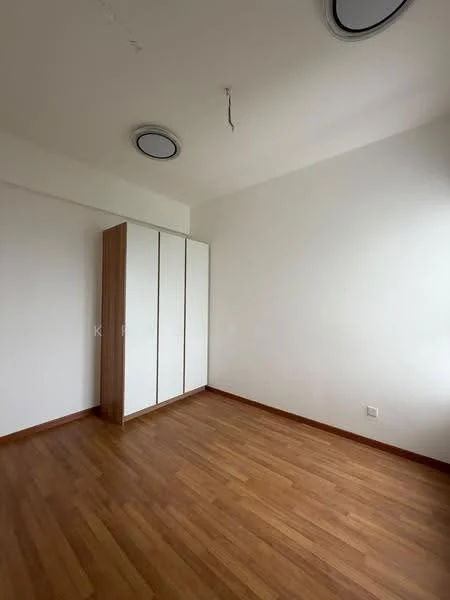 Bedroom features: light wood flooring, white painted walls, built-in wardrobe with sliding doors, ceiling light fixture, window with natural light; style: modern.