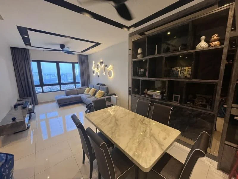 Living features: L-shape sectional sofa in grey, yellow accent cushions, coffee table with marble top, wall-mounted TV, built-in shelving unit with decorative items, floor-to-ceiling windows, curtains, ceiling fan with light, recessed ceiling lights, white tiled flooring; style: modern; view: city. Dining features: 6-seater dining table with marble top, black dining chairs, decorative wall shelving, recessed lighting, white tiled flooring; style: modern.