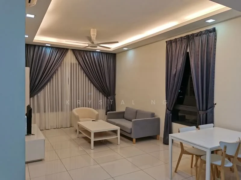 Living features: 5-blade ceiling fan with light, white painted walls, glossy tile flooring, sofa in grey fabric, armchair in white, coffee table in white, TV console in white, wall-mounted TV, floor-to-ceiling curtains in grey, dining table with white chairs, recessed downlights, large windows with sheer curtains; style: modern; view: city.