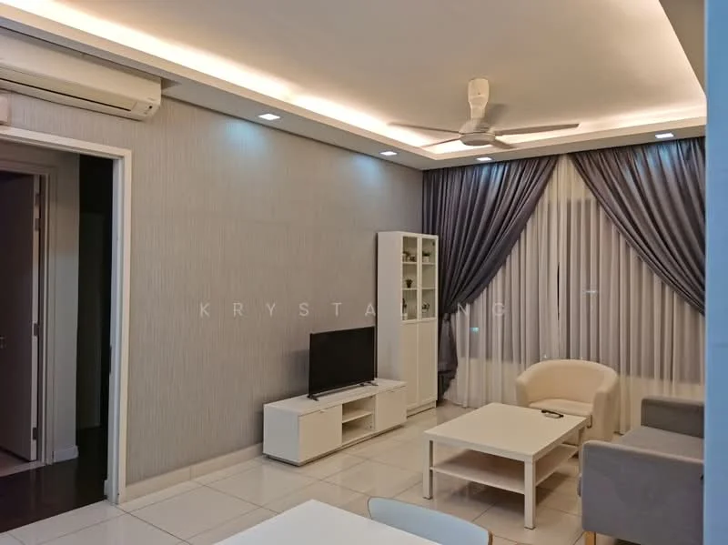 Living features: white walls with grey accent wall, recessed downlights, 5-blade ceiling fan with light, floor-to-ceiling windows with sheer curtains, grey fabric sofa, white coffee table, TV console, wall-mounted TV, decorative mirror, area rug, built-in shelving unit; style: modern.