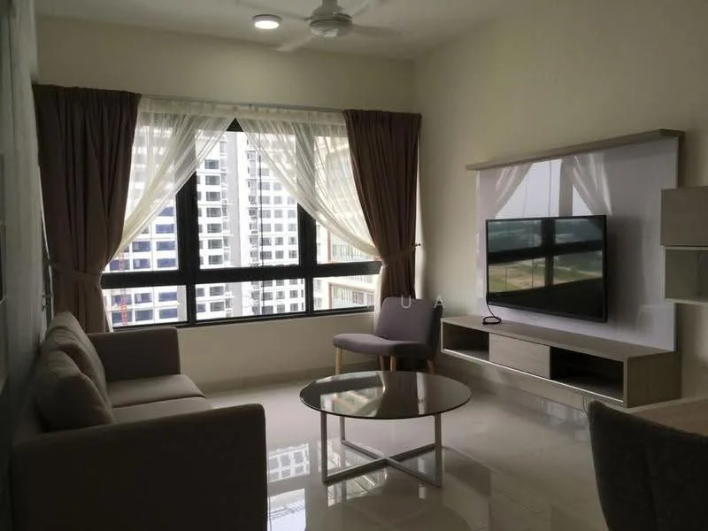 Living features: 3-seater fabric sofa in light grey, single accent chair in grey, glass coffee table, wall-mounted TV, TV console with storage, floor-to-ceiling windows, sheer curtains, dark brown curtain drapes, recessed downlights, ceiling fan; style: modern; view: city.