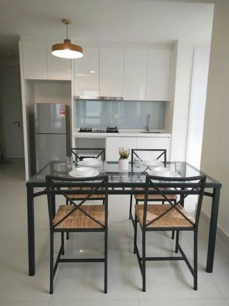 Dining features: glass dining table, 4 dining chairs with woven seats, pendant light fixture, white cabinetry, grey backsplash, built-in gas stove, stainless-steel fridge, white countertop, white walls, tile flooring; style: modern. Kitchen features: white cabinetry, built-in gas stove, stainless-steel fridge, grey backsplash, white countertop, tile flooring; style: modern.