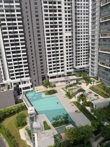 Exterior type: high-rise condominium; features: swimming pool, landscape garden, manicured lawn, children's playground, pool deck with loungers, tropical landscaping, multiple high-rise buildings, outdoor dining area; style: modern.
