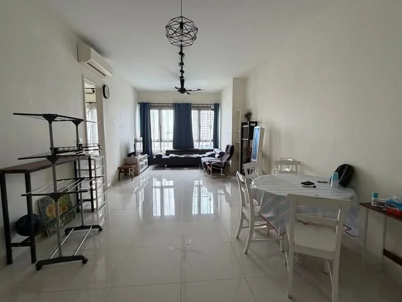 Living features: white painted walls, glossy tile flooring, 5-blade ceiling fan with light, wall-mounted TV, sofa in dark color, coffee table, dining table with white chairs, large windows with sheer curtains, air conditioning unit, decorative wall clock, open shelving unit; style: modern; view: city.