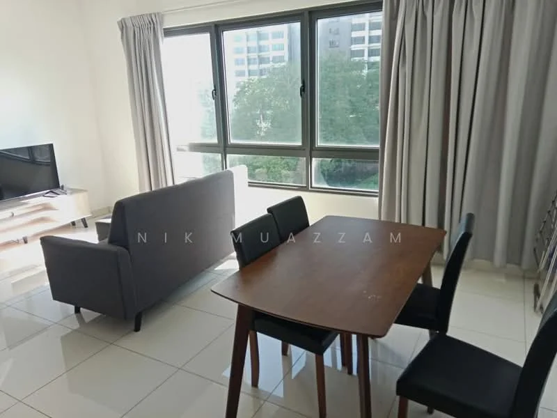 Living features: grey fabric sofa, wooden dining table, 4 black dining chairs, floor-to-ceiling windows, sheer curtains, white walls, glossy white tile flooring, TV console, wall-mounted TV; style: modern; view: garden.