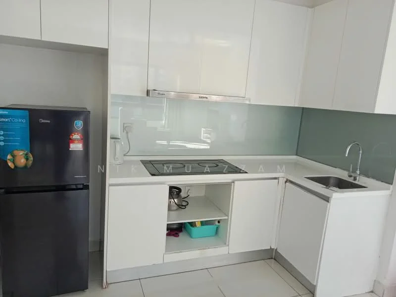 Kitchen features: white cabinetry, stainless-steel sink, chrome pull-down faucet, white countertop, glass backsplash, built-in oven, stainless-steel range hood, refrigerator, open shelving, tile flooring, under-sink storage; style: modern.
