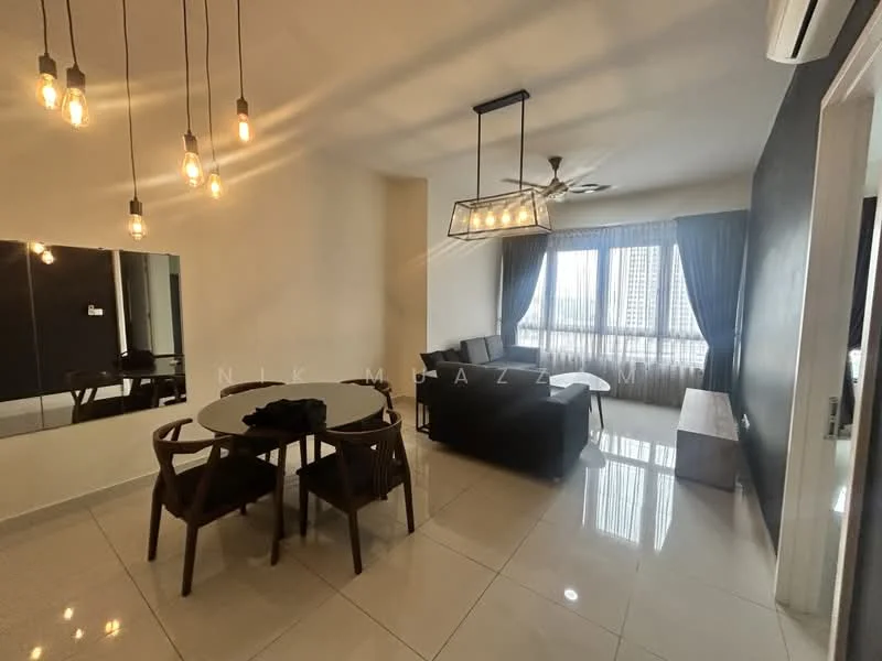 Living features: 3-seater fabric sofa in dark grey, wooden coffee table, 4-blade ceiling fan with light, pendant lighting with exposed bulbs, floor-to-ceiling windows with sheer curtains, white painted walls, glossy ceramic tile flooring, decorative wall mirror, TV console, area rug; style: modern; view: city.