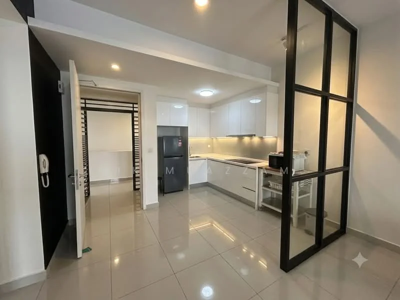Kitchen features: white cabinetry, grey countertop, stainless-steel fridge, built-in oven, 4-burner gas hob, extractor hood, double-bowl stainless-steel sink, wall-mounted cabinets, ceramic tile flooring, recessed downlights, open shelving, glass partition wall, white walls; style: modern. Room features: white walls, ceramic tile flooring, recessed downlights.