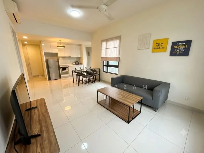 Living features: grey fabric sofa, wooden coffee table, wall-mounted TV, TV console, white painted walls, ceramic tile flooring, ceiling fan, large window with view, decorative wall art, dining table with chairs; style: modern. Kitchen features: stainless-steel fridge, built-in oven, microwave, white cabinetry, countertop, open-plan layout; style: modern.