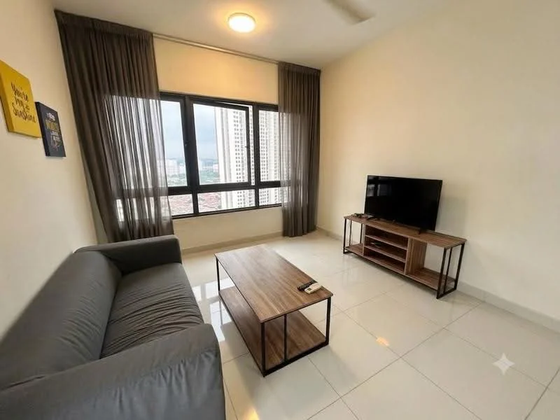 Living features: grey fabric sofa, wood coffee table, TV console with open shelving, wall-mounted TV, floor-to-ceiling windows, sheer curtains, white painted walls, glossy tile flooring, recessed ceiling light; style: modern; view: city.