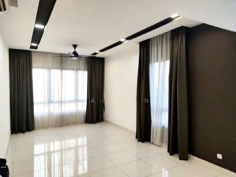 Living features: white painted walls, dark accent wall, glossy tile flooring, floor-to-ceiling windows, sheer curtains, blackout curtains, 5-blade ceiling fan with light, recessed downlights; style: modern.