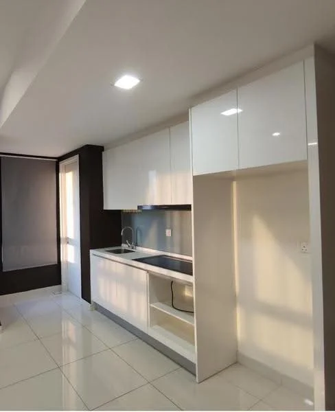 Kitchen features: white glossy cabinetry, black countertop, single-bowl stainless-steel sink, chrome pull-down faucet, built-in cabinetry with open shelving, white tiled backsplash, recessed LED downlights, ceramic tile flooring, floor-to-ceiling window, roller blinds; style: modern.