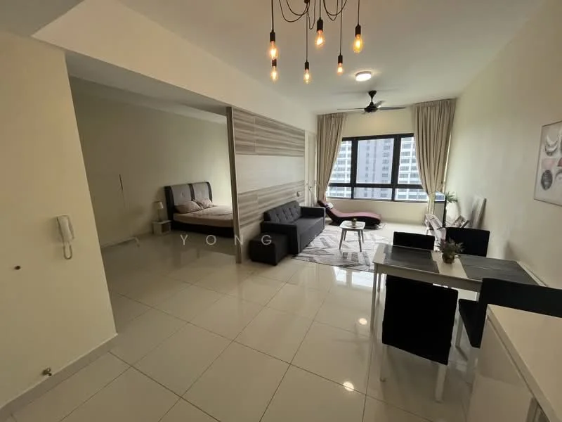 Living features: white painted walls, glossy ceramic tile flooring, 5-blade ceiling fan with light, recessed downlights, floor-to-ceiling windows, black fabric sofa, round coffee table, area rug, dining table with 4 black chairs, decorative wall art; style: modern; view: city. Bedroom features: white painted walls, queen-size bed, upholstered headboard, bedside lamps, built-in wardrobe, curtains, wooden flooring; style: modern; view: city.