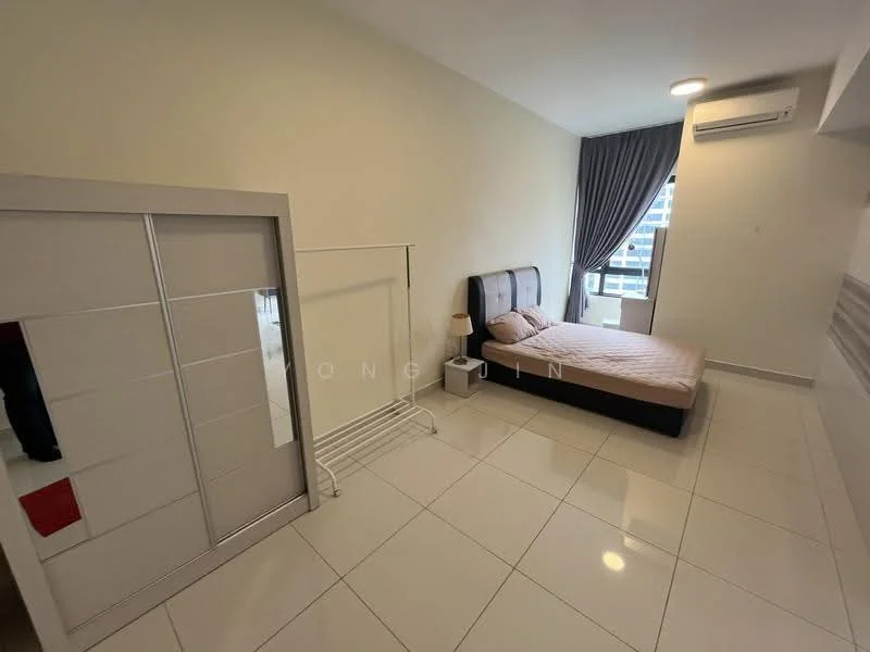 Bedroom features: queen-size bed with beige bedding, upholstered headboard, floor-to-ceiling window with city view, grey curtains, white painted walls, white tiled flooring, built-in wardrobe with sliding mirror doors, 1 wall-mounted split AC; style: modern; view: city.