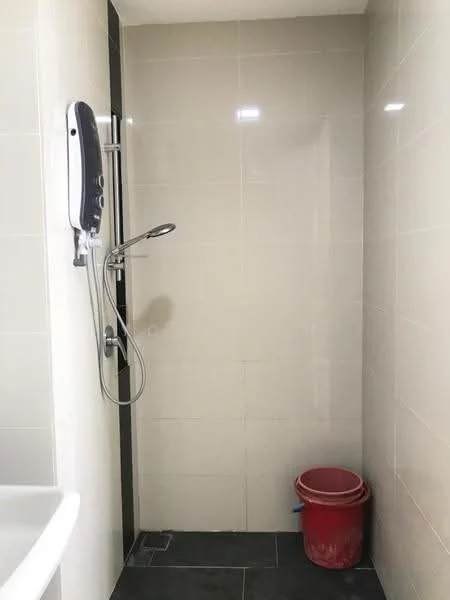 Bathroom features: shower with handheld showerhead, wall-mounted shower panel, white tiled walls, black tiled flooring, red plastic bucket; style: modern.