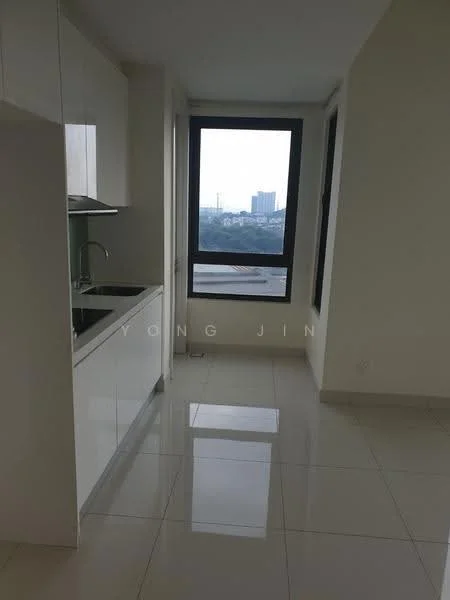 Kitchen features: white cabinetry, stainless-steel sink, chrome pull-down faucet, marble countertop, ceramic tile flooring, floor-to-ceiling window, city view, built-in oven, freestanding range oven, recessed downlights; style: modern; view: city.