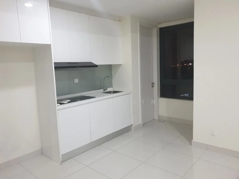 Kitchen features: white shaker cabinets, single-bowl stainless-steel sink, chrome pull-down faucet, black glass cooktop, white countertop, ceramic tile flooring, recessed downlights, floor-to-ceiling window, neutral painted walls; style: modern; view: city.