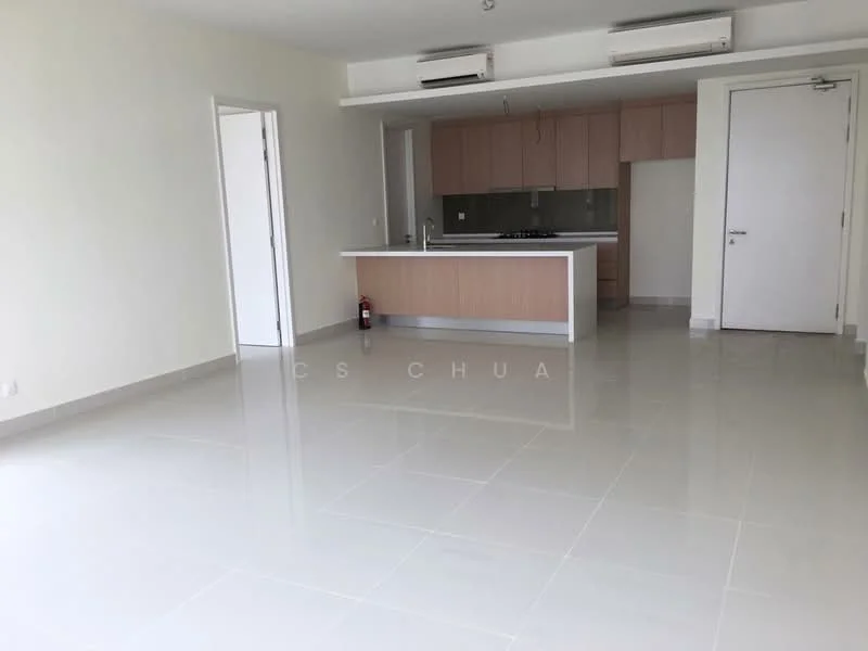 Living features: white painted walls, glossy ceramic tile flooring, recessed downlights, split air conditioning unit, open kitchen layout, kitchen island with breakfast bar, fire extinguisher, floor-to-ceiling windows; style: modern.