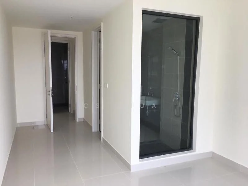 Room features: white painted walls, light grey floor tiles, glass shower enclosure, shower head, neutral colour scheme, doorway leading to another room, doorway leading to bathroom, recessed lighting; style: modern.